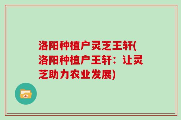 洛阳种植户灵芝王轩(洛阳种植户王轩：让灵芝助力农业发展)